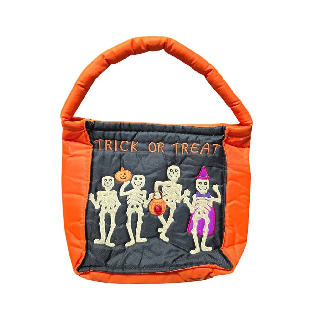 Vintage Fabric Halloween Trick-Or-Treat Tote Bag Skeletons